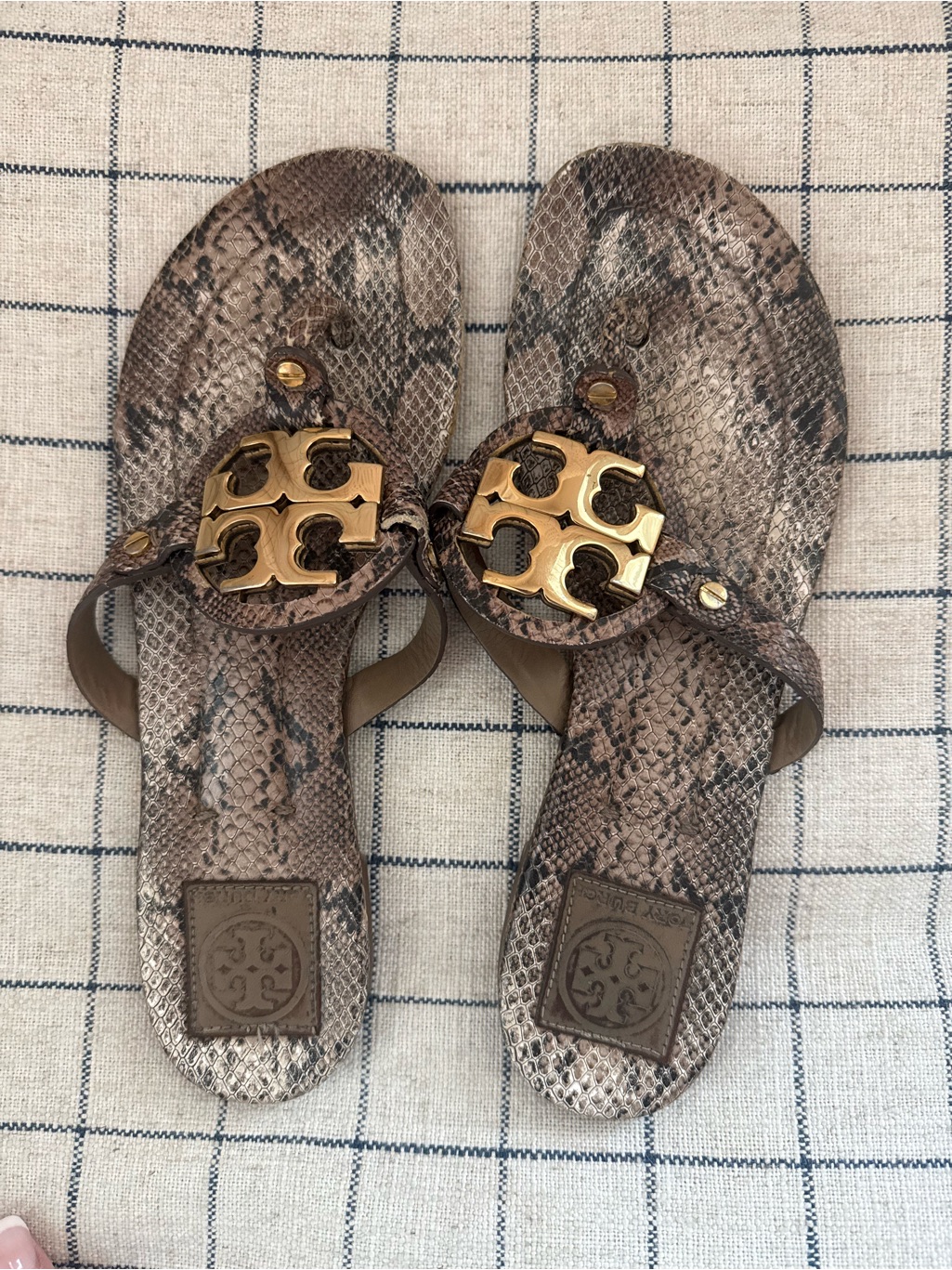 Tory Burch Gold-Logo Snake-Print Thong Sandals - Brown/Taupe